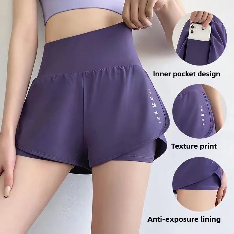 Shorts de Yoga de Dos Piezas (Falsos) para Mujer, Secado Rápido, Anti-Transparencia, Shorts Deportivos de Verano