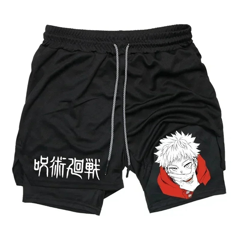 Pantalones cortos deportivos para hombre Jujutsu Kaisen Anime Graphic 2 en 1 pantalones cortos de compresión para hombre pantalones cortos de rendimiento de gimnasio de secado rápido atléticos