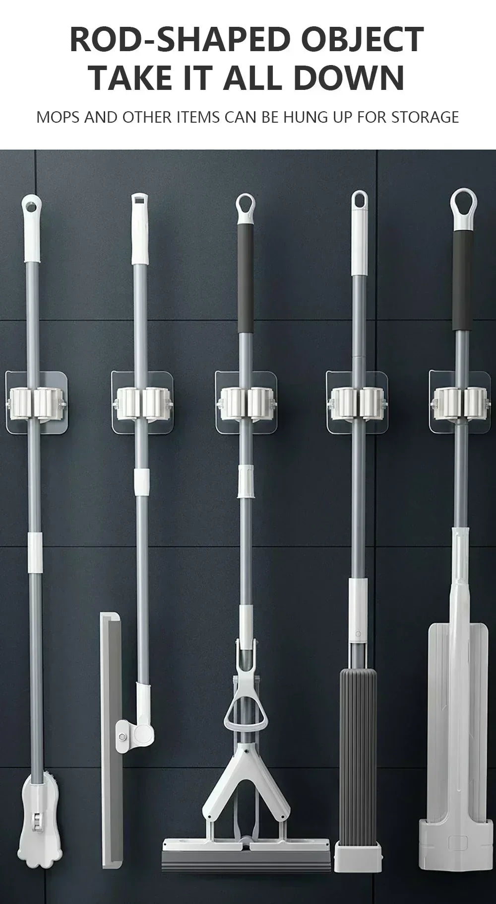 2 unidades de soporte de almacenamiento para fregonas y escobas, de succión para baño, con tubo colgante, clip sin rastro, montado en pared, impermeable