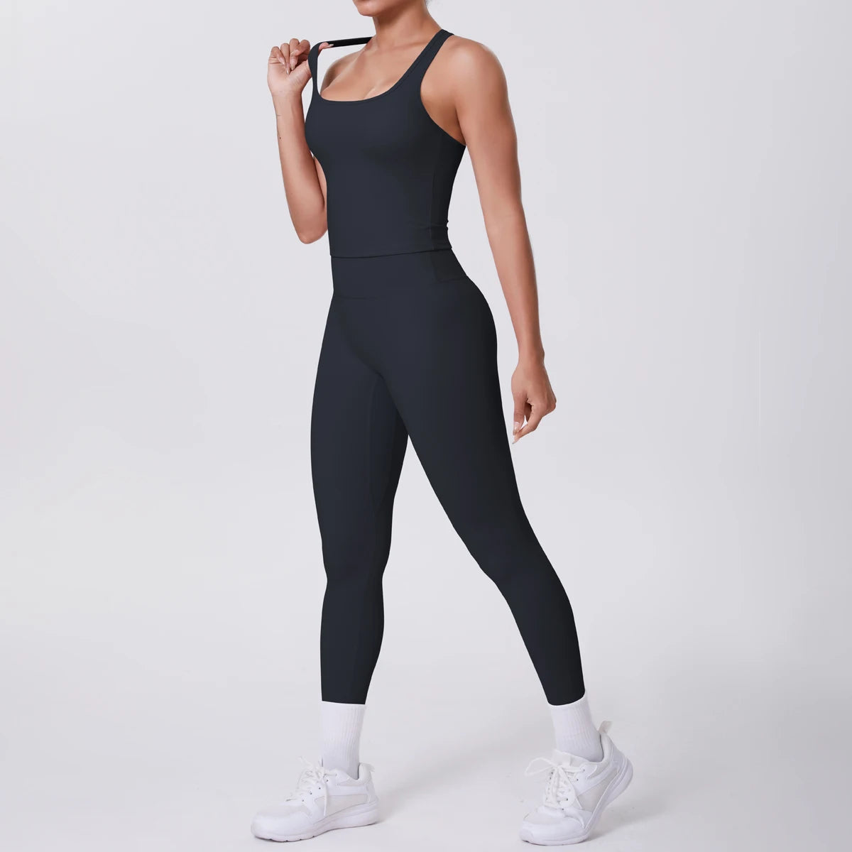 Hamidou - Conjunto de yoga de 2 piezas para mujer: leggings de fitness de secado rápido con efecto push-up y top deportivo con espalda en I de color liso.