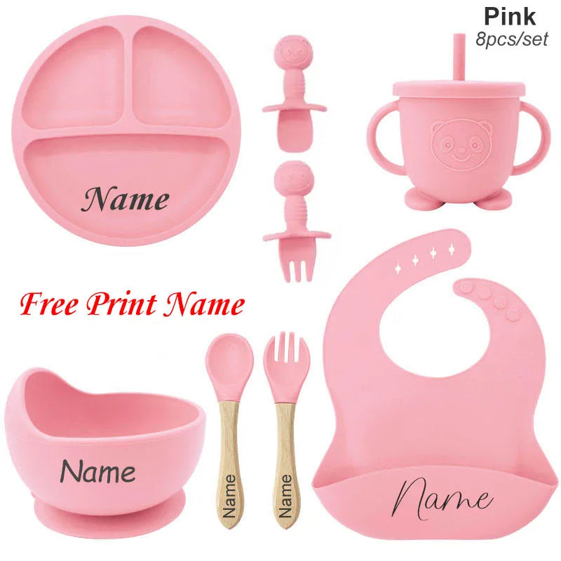 Juego de alimentación de bebé con nombre personalizado, plato de silicona para niños, tazón, taza de paja, vajilla personalizada para niños, suministros para bebés, regalo para recién nacidos