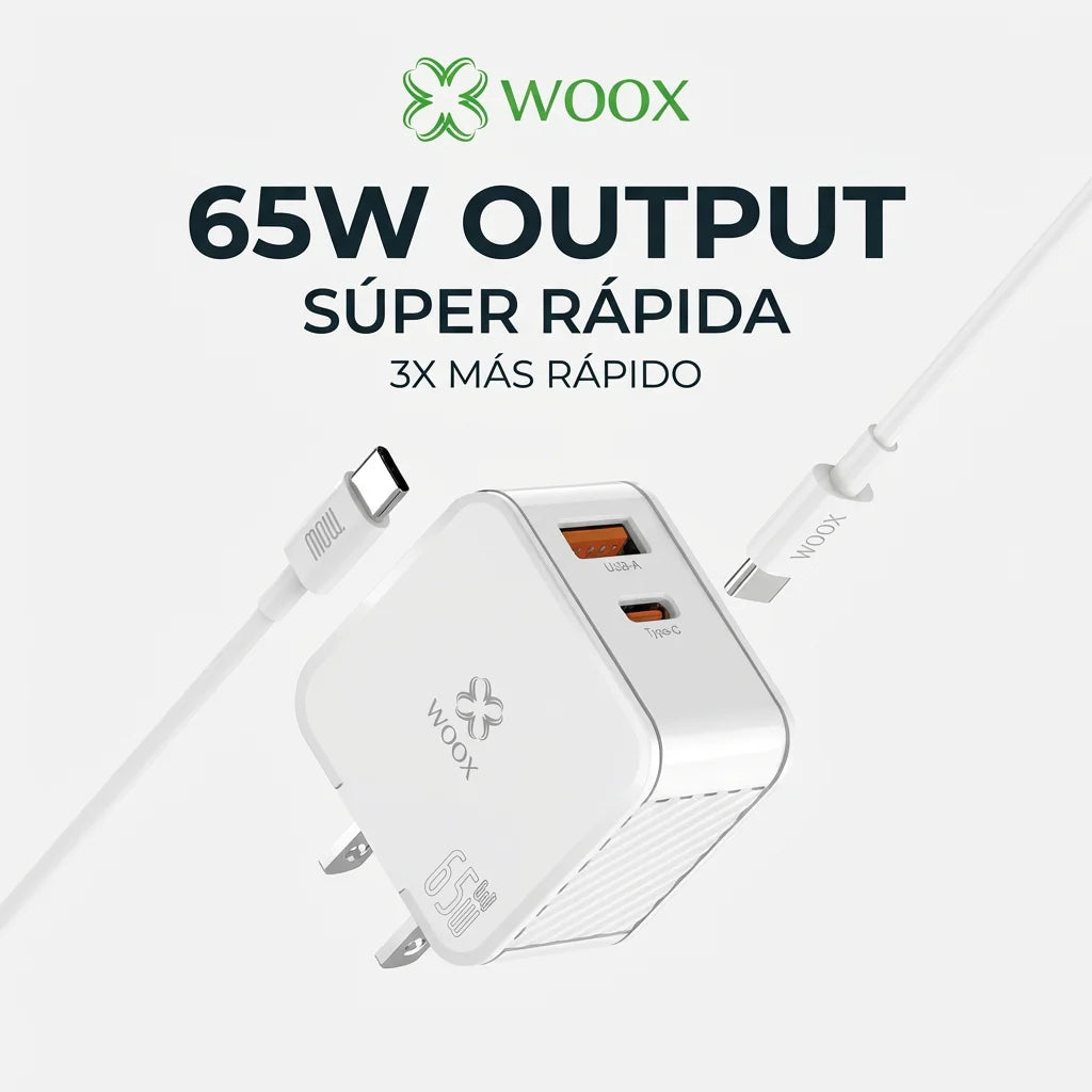 Cargador Rápido Woox 65W GaN con Cable de 100W, 2 Puertos Compactos (USB-C PD y USB-A) para iPhone 17, Teléfono Android, Ordenador Portátil