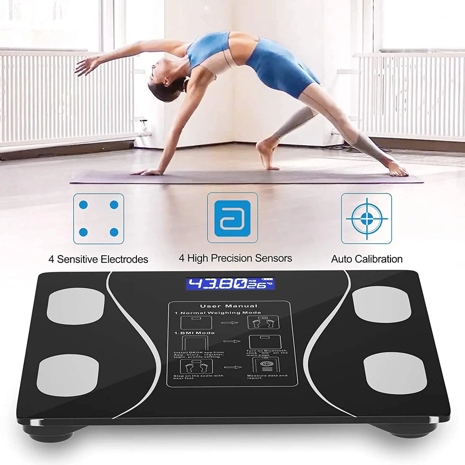 Báscula inteligente de grasa corporal con Pantalla LED - báscula de baño digital con bluetooth, medición precisa de la composición corporal, masa muscular, IMC y análisis de agua corporal