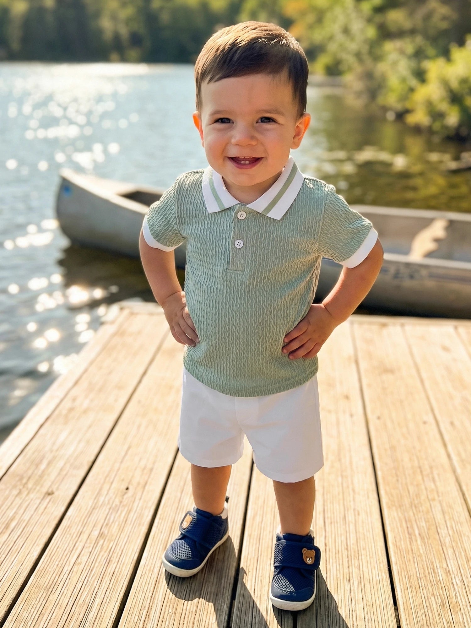 Conjunto de pantalones cortos para bebé niño, camisa de punto con cuello y manga corta y pantalones cortos, conjunto de verano de 2 piezas