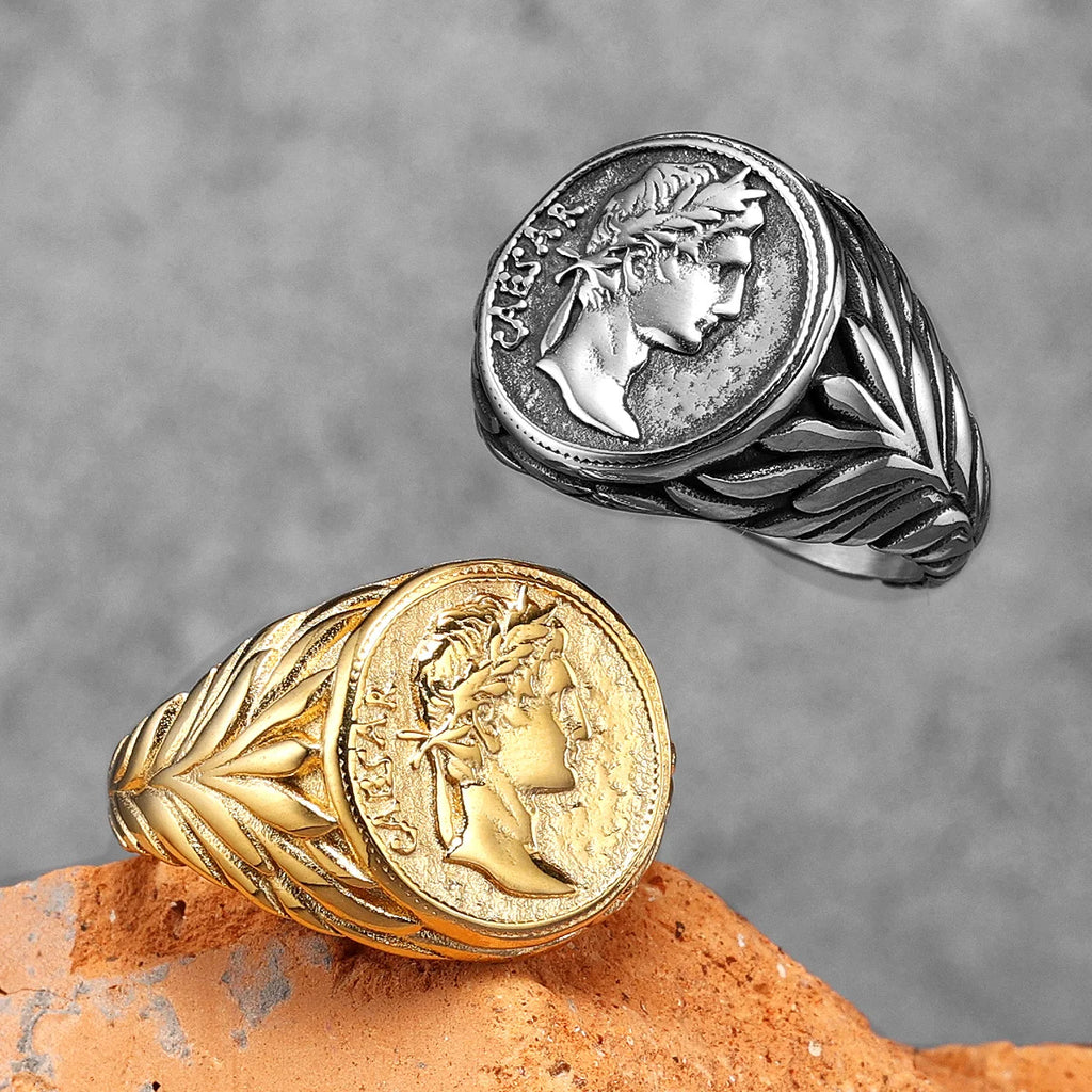 Anillo de cara César, anillos de acero inoxidable 316L para hombres, estatua de la victoria Roma, Punk Rock para motorista masculino, novio, joyería, regalo, triangulación de envíos