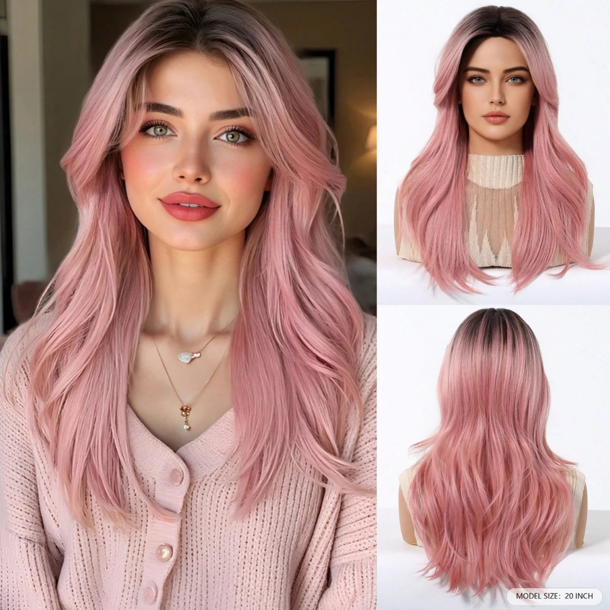 Pelucas Allbell Magique de largo ondulado en capas, pelo marrón miel con flequillo lateral para mujeres, pelucas sintéticas naturales resistentes al calor para uso diario