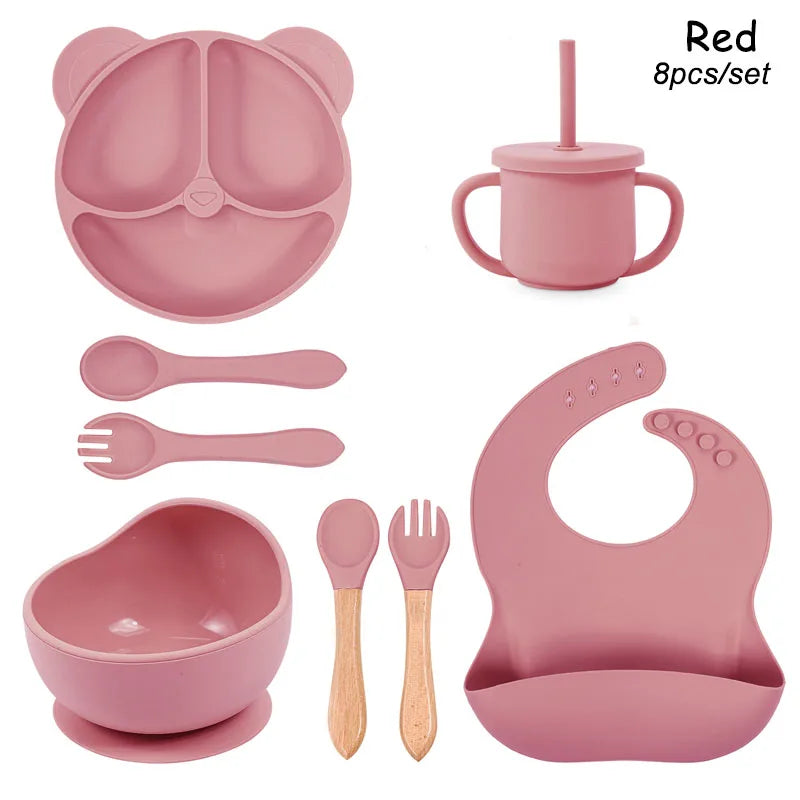 Vajilla de silicona para niños, juego de alimentación de bebé, plato de dibujos animados, nombre personalizado, taza con ventosa, plato, babero, regalo para recién nacido, 8 Uds./5 uds.