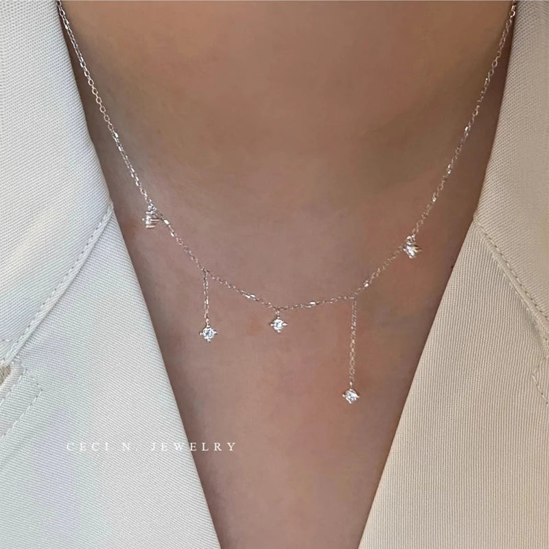 Collar con dijes de estrella de circón de Plata de Ley 925 para mujer, gargantilla elegante de lujo chapada en oro de 18k, collar con cadena O, joyería de boda