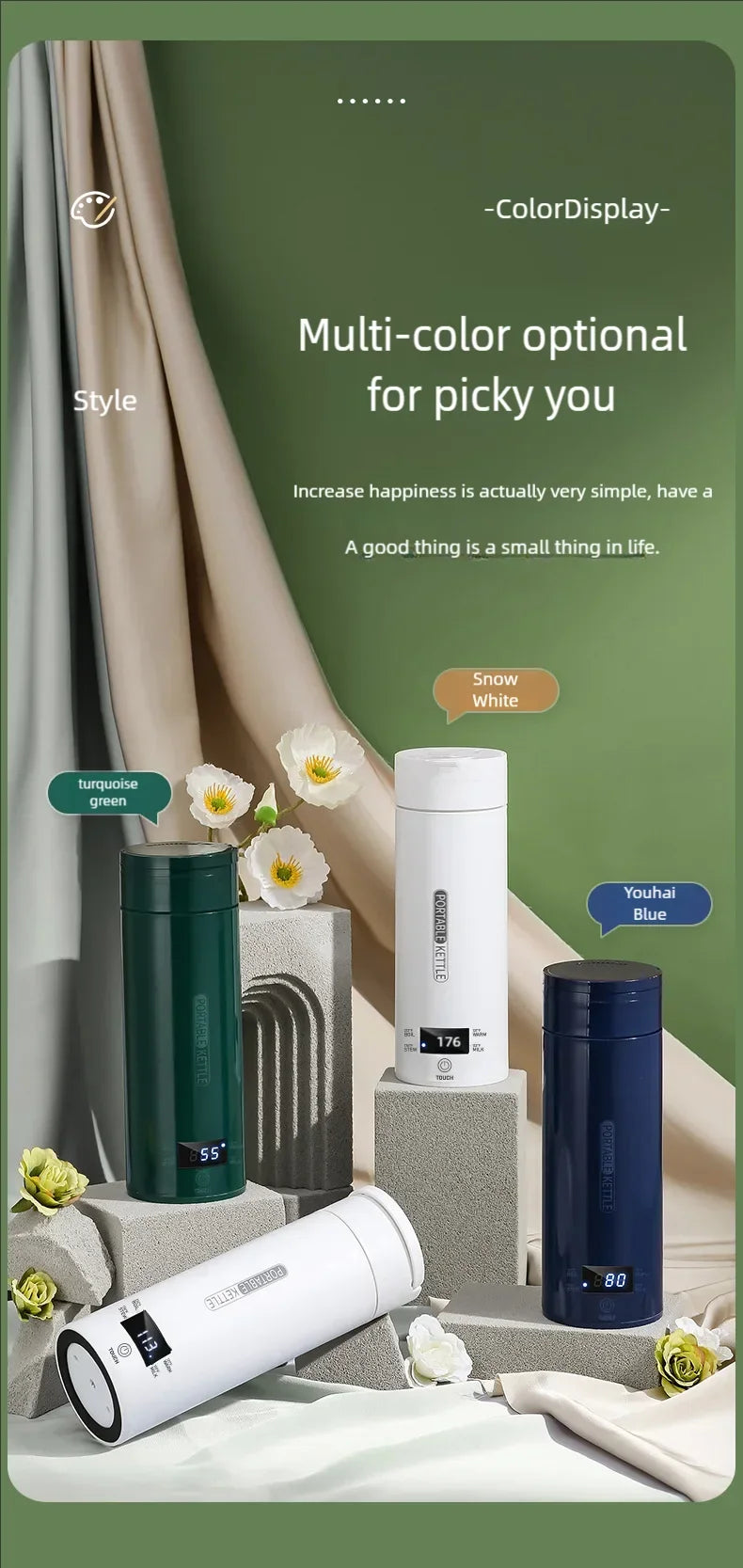 JFBONIN-hervidores eléctricos portátiles para té y café, hervidor de agua para hervir, taza térmica, botella de agua antiescaldaduras, menú en inglés