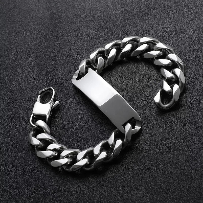 Pulseras Punk de acero inoxidable con texto grabado y logotipo personalizado para hombre, cadena cubana para mujer, pulsera de identificación, triangulación de envíos
