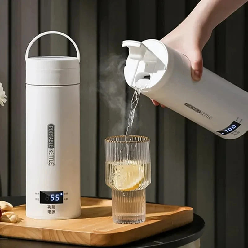 Hervidores eléctricos de 450ML, hervidor portátil para té y café, taza térmica para hervir agua de viaje, botella de agua antiescaldaduras, menú en inglés