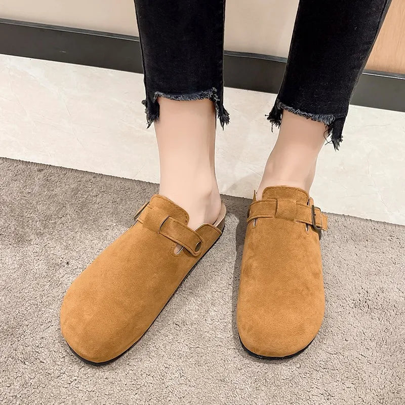 Sandalias de medio arrastre, zuecos para mujer, zapatillas de gamuza de corcho a la moda, zapatillas clásicas antideslizantes de corcho para exteriores con arco