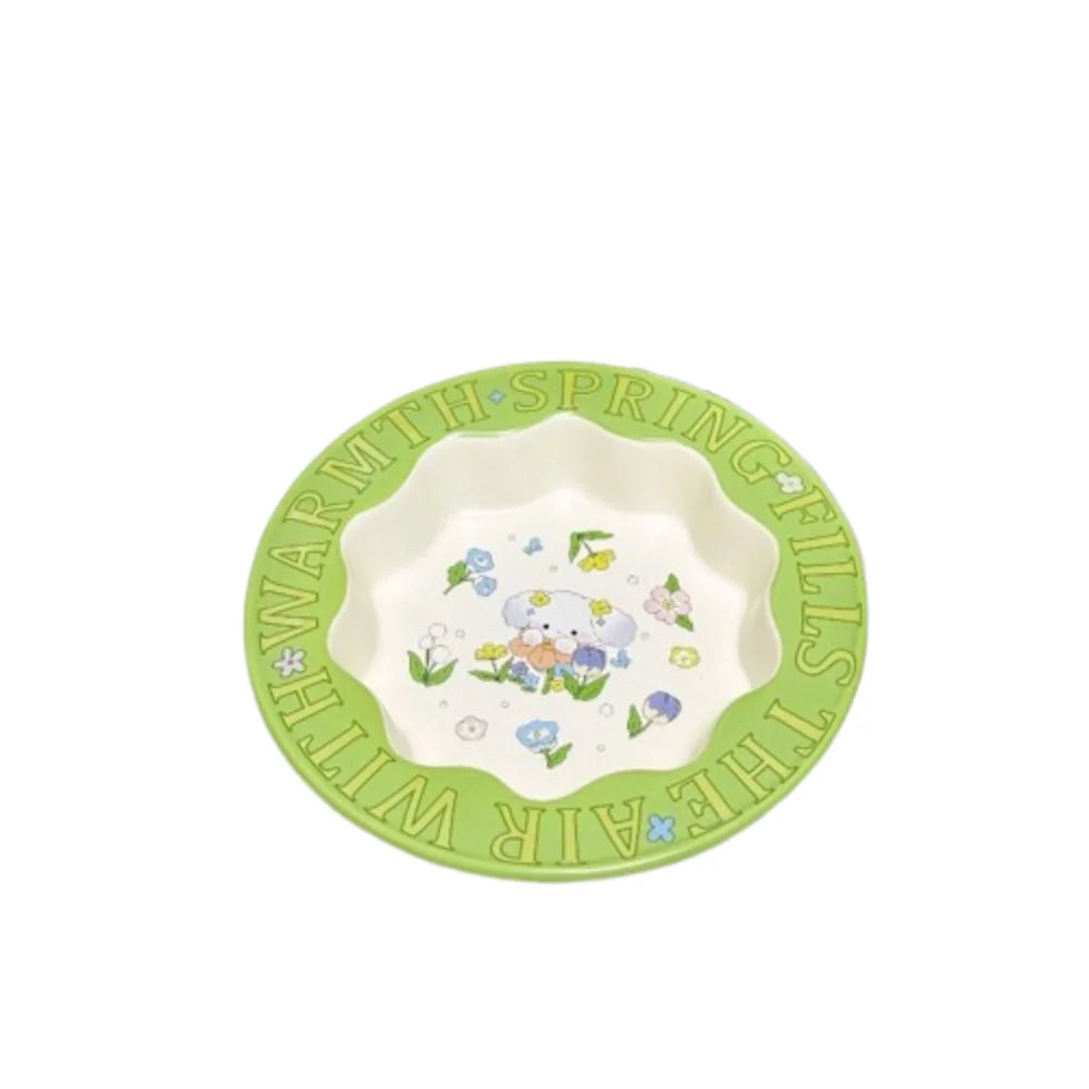 Tazón de cerámica verde duradero para gatos, tazón antideslizante con diseño de conejo y flores, tazón elevado diagonal para beber y alimentar.