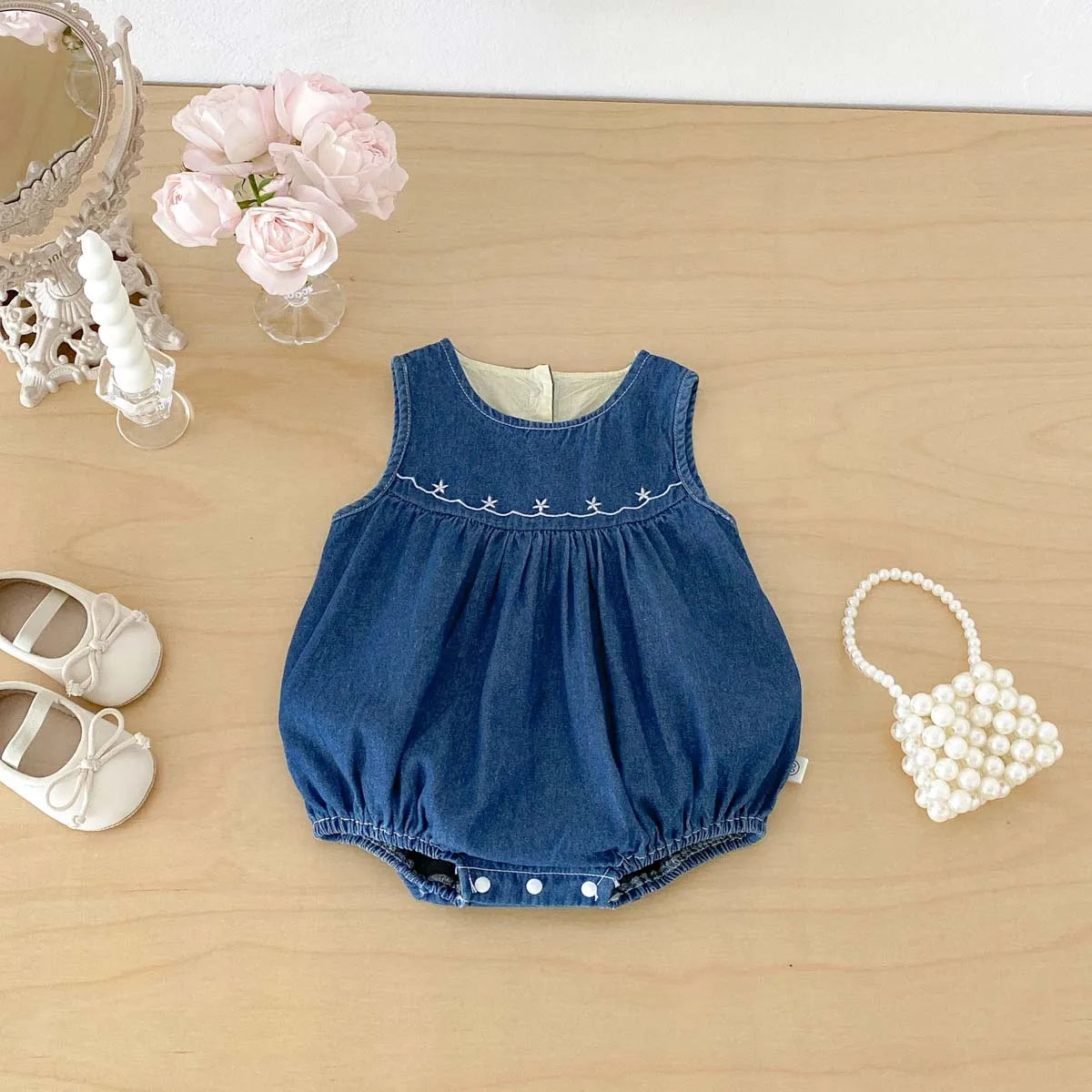 Mono vaquero sin mangas para bebés y niñas con bordado de estrellas, mono informal para uso diario y sesiones de fotos