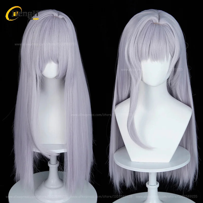 En stock, peluca de cosplay de anime NTGOV Marian Long de 70 cm, color plateado claro y morado, Modernia, resistente al calor, de pelo sintético, para Halloween