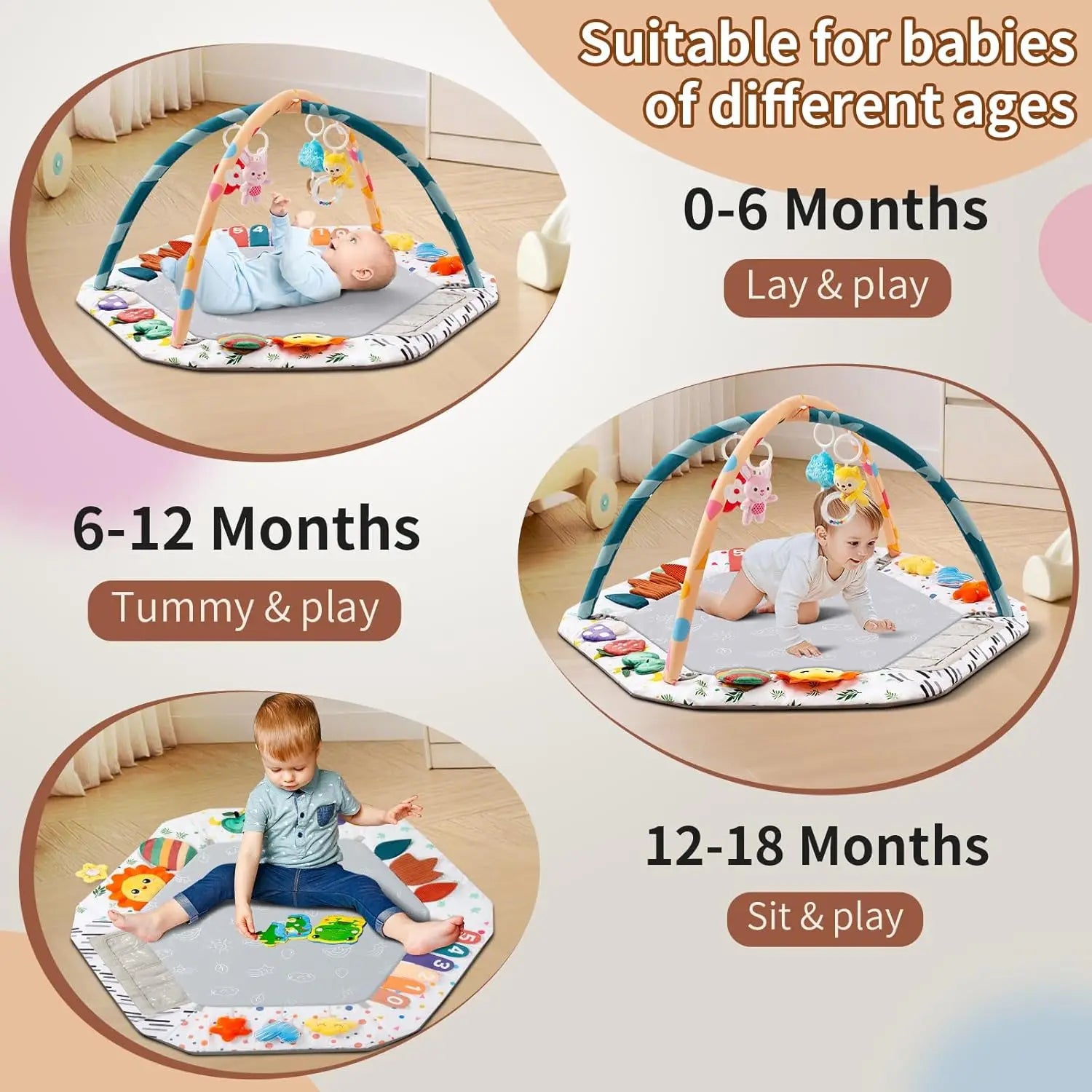 Alfombra de Juego para Bebés con 6 Zonas de Desarrollo, Tapete de Actividades para Estimulación del Desarrollo Motor con 4 Juguetes Sensoriales Desmontables