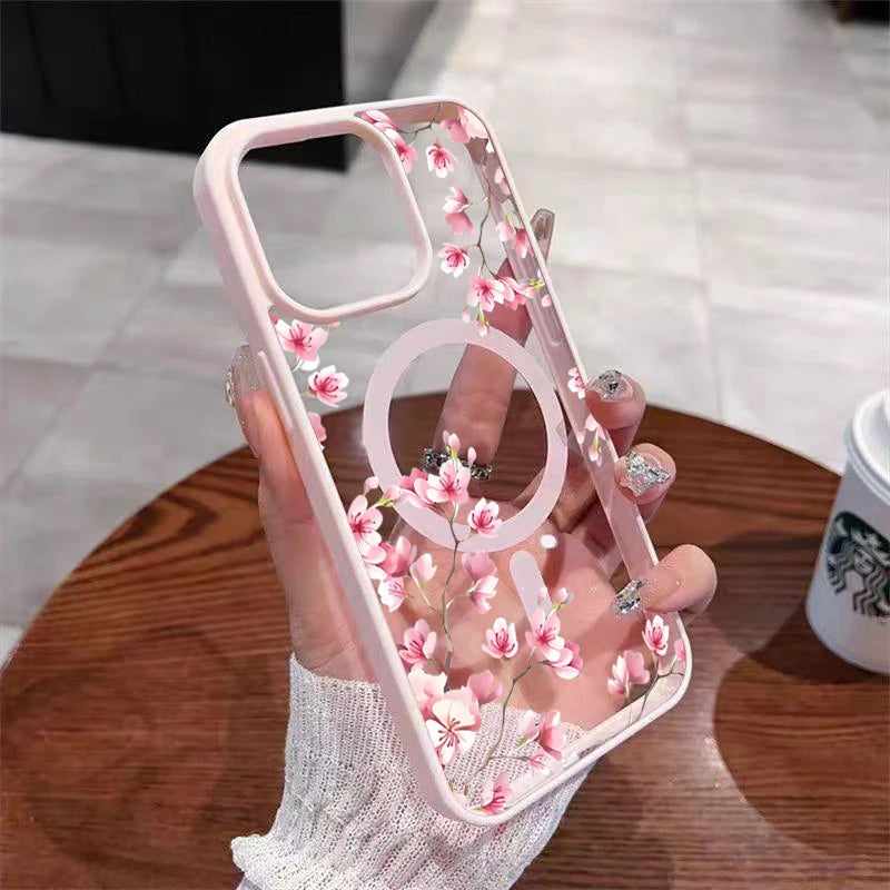 Funda de teléfono magnética con diseño de fondo Floral elegante de cereza rosa para iPhone 17 16 15 14 13 12 Pro Max 11 16 Plus 16E 17Air