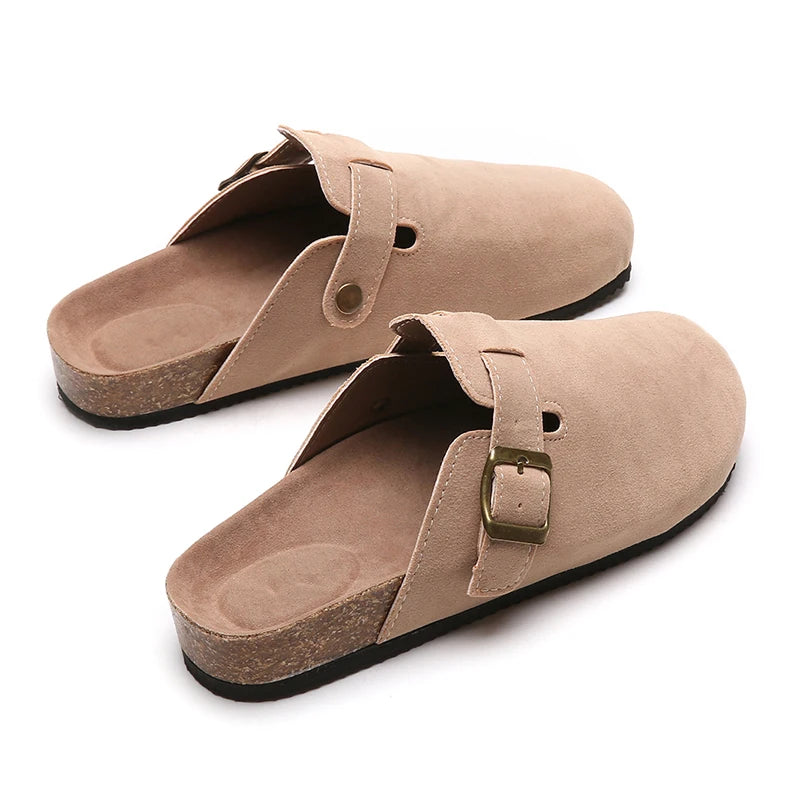 Sandalias de medio arrastre, zuecos para mujer, zapatillas de gamuza de corcho a la moda, zapatillas clásicas antideslizantes de corcho para exteriores con arco