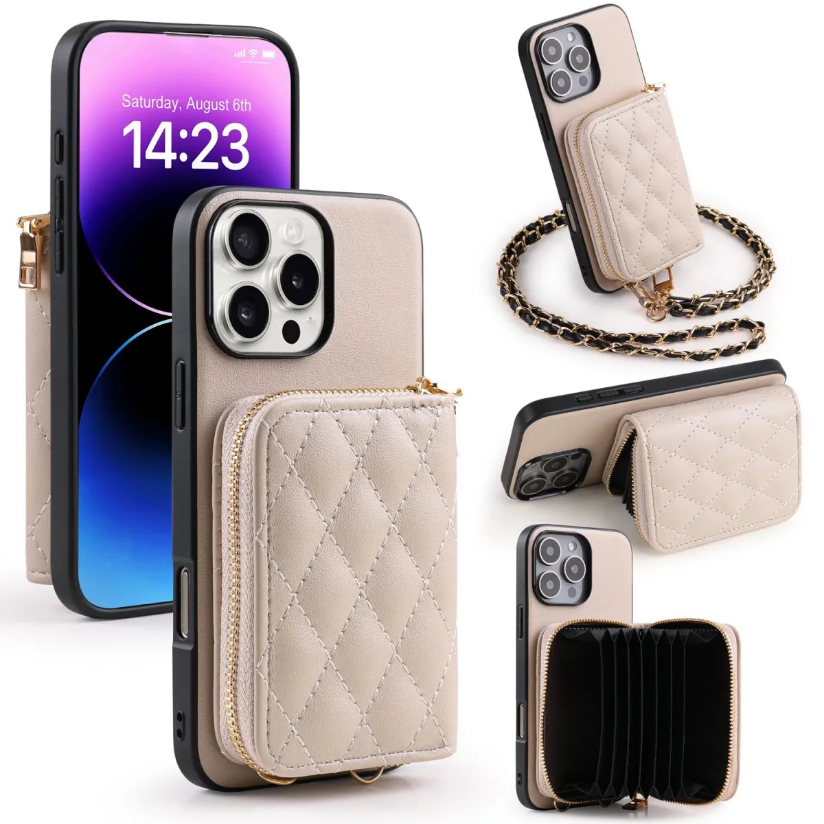 Nueva tendencia, funda de teléfono de cuero PU con patrón de cordero para iPhone 17 /16 /15/14/13/12/11, funda para tarjetas multifuncional, cadena larga elegante
