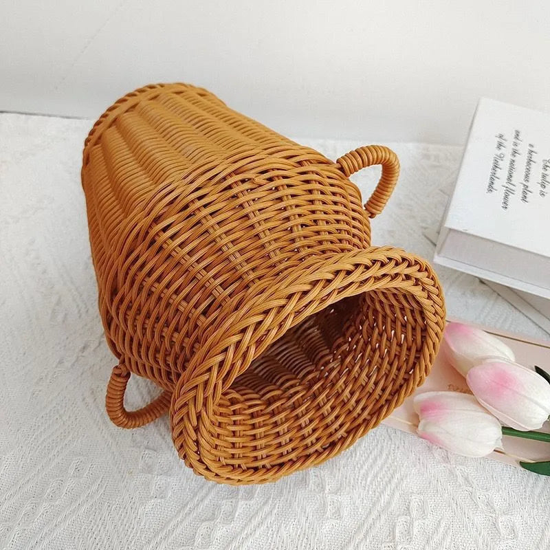 Jarrón de Ratán Tejido a Mano con Asas, Estilo Boho, Maceta Decorativa para Arreglos Florales de Interior y Decoración del Hogar