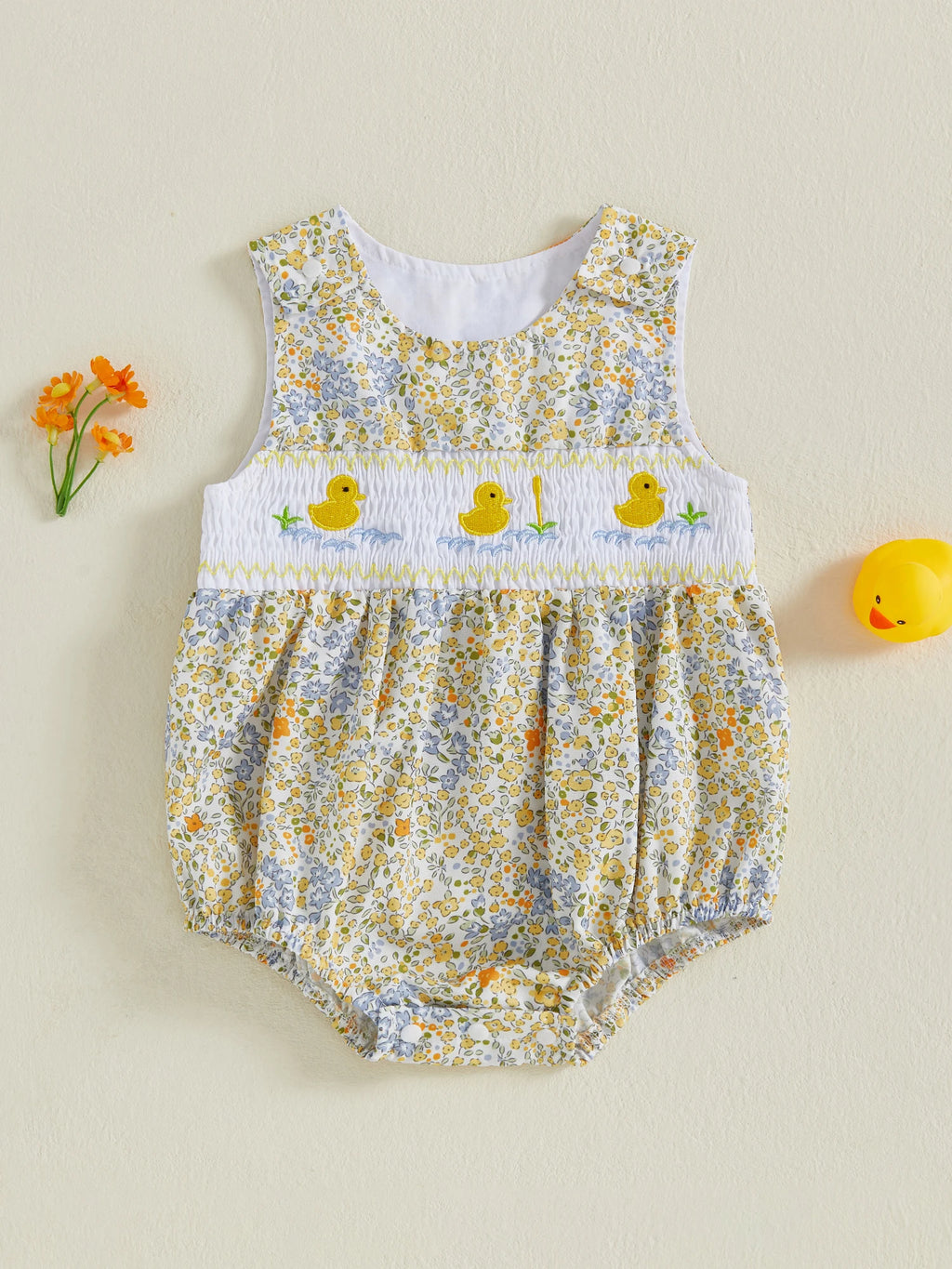 Lindo pelele de verano para bebé niña con bordado de pato, sin mangas, cuello redondo, dulce mono floral, trajes de sol