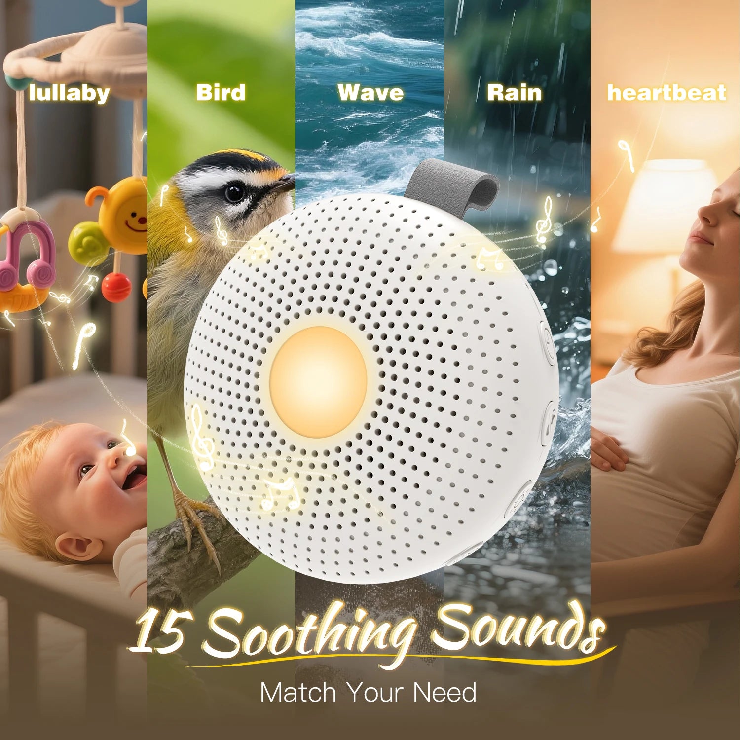 Ayuda portátil para dormir, máquina de ruido blanco para bebés y adultos con 15 sonidos, detección inteligente de llanto, temporizador de luz nocturna, regalo para recién nacidos