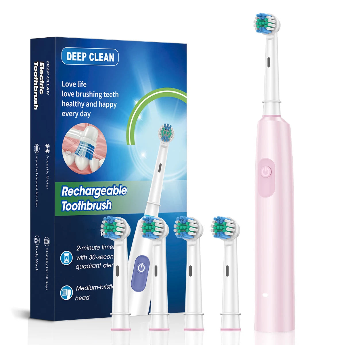 Cepillo de dientes eléctrico giratorio para limpieza profunda y blanqueamiento de dientes para adultos, cepillo de dientes recargable con cabezales de repuesto de 4/8 piezas