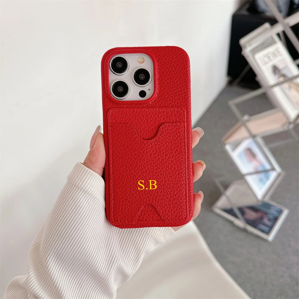Funda Retro personalizada con nombre de cuero para tarjetas, funda tipo billetera antigolpes para iPhone 15 14 13 12 11 Pro Max 14 15 Plus