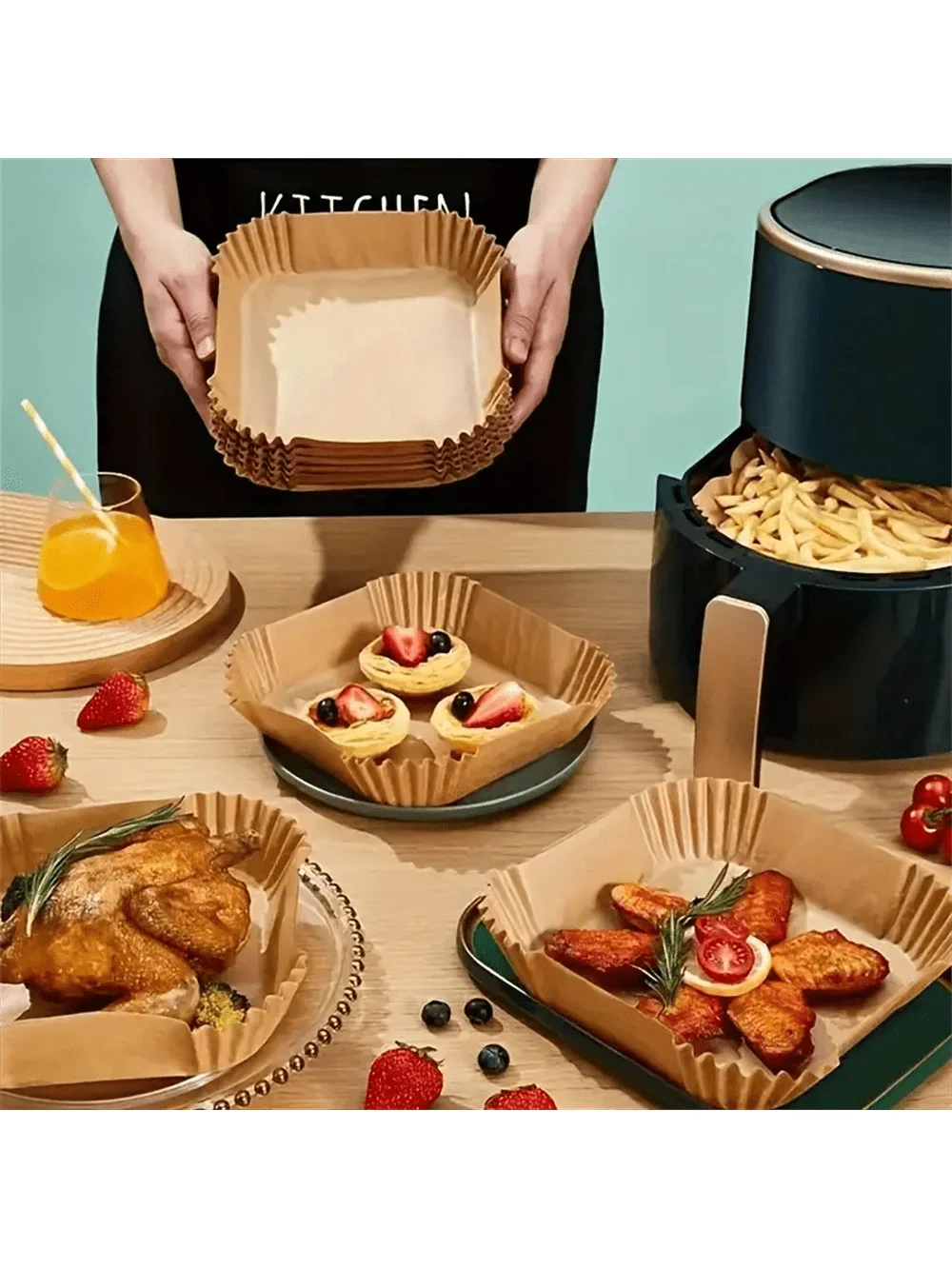 Papel para freidora de aire, 50/100 piezas de almohadillas de papel desechables para freidora de aire, accesorios para freidora de aire, resistentes al aceite e al agua