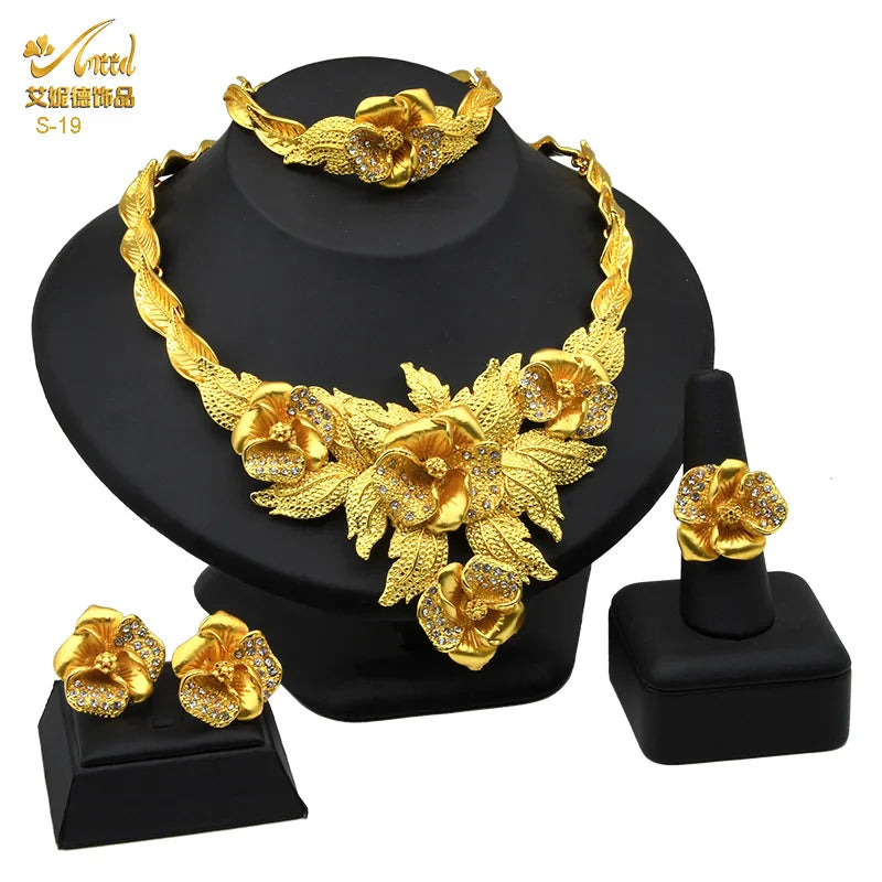 Juego de joyería nupcial de lujo en oro 24k Au999 para novias africanas y mujeres saudíes, collar, pulsera, aretes y anillo, 4 piezas, regalo.