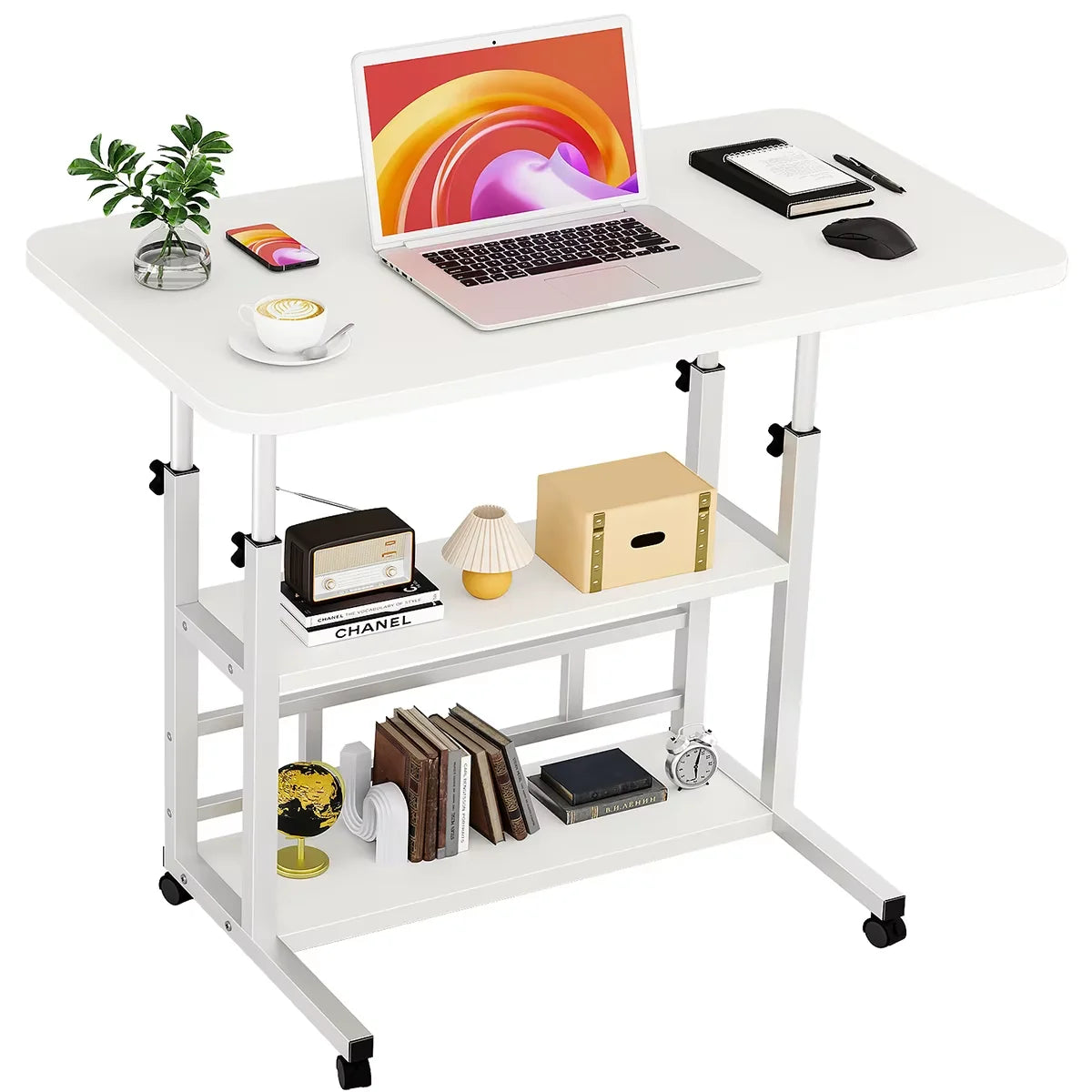 ECHIGOYA Escritorio Portátil, Mesa para Laptop, Escritorio de Computadora con Repisas, Escritorio de Pie Altura Ajustable con Ruedas, Mesa para Cama de Hospital, Home Office, 60cm*40cm