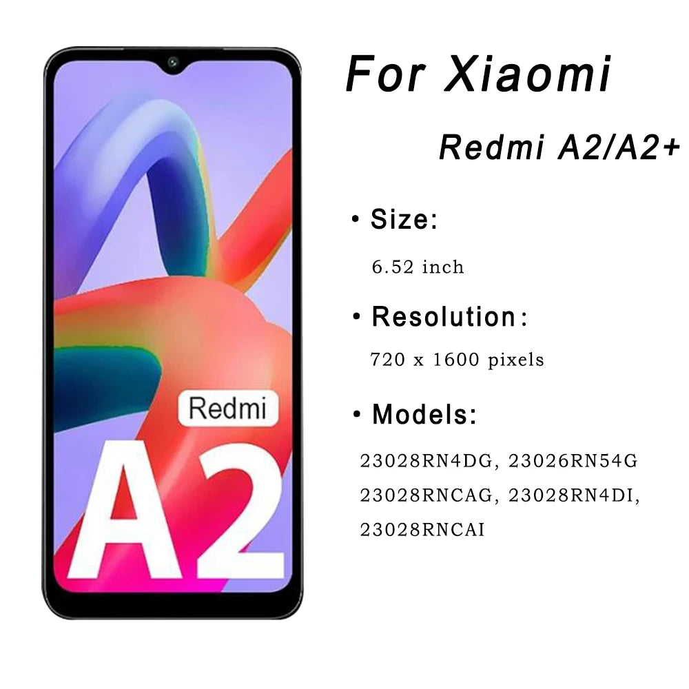 Pantalla LCD de 6,52 pulgadas para Xiaomi Redmi A2, montaje de digitalizador con pantalla táctil, piezas de repuesto para Xiaomi Redmi A2 + LCD con marco