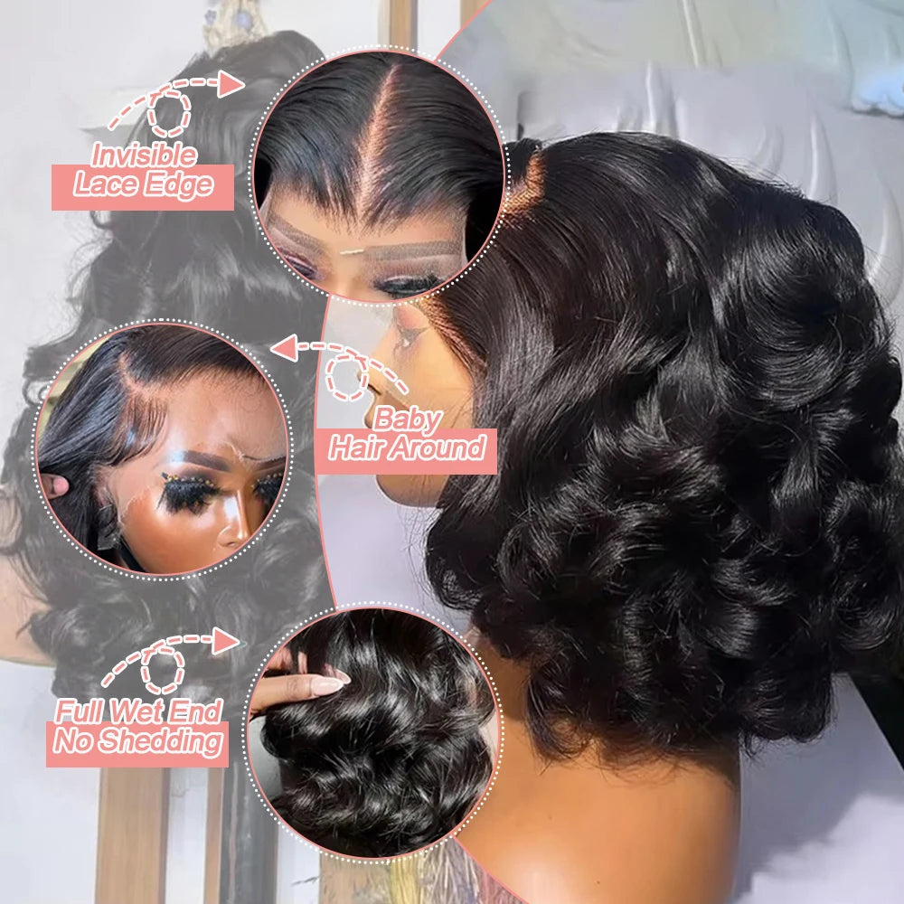 250% Bob corto sin pegamento Wear And Go pelucas de cabello humano ondulado listo para ir precortado 13x6 HD peluca Frontal de encaje cabello humano para mujeres