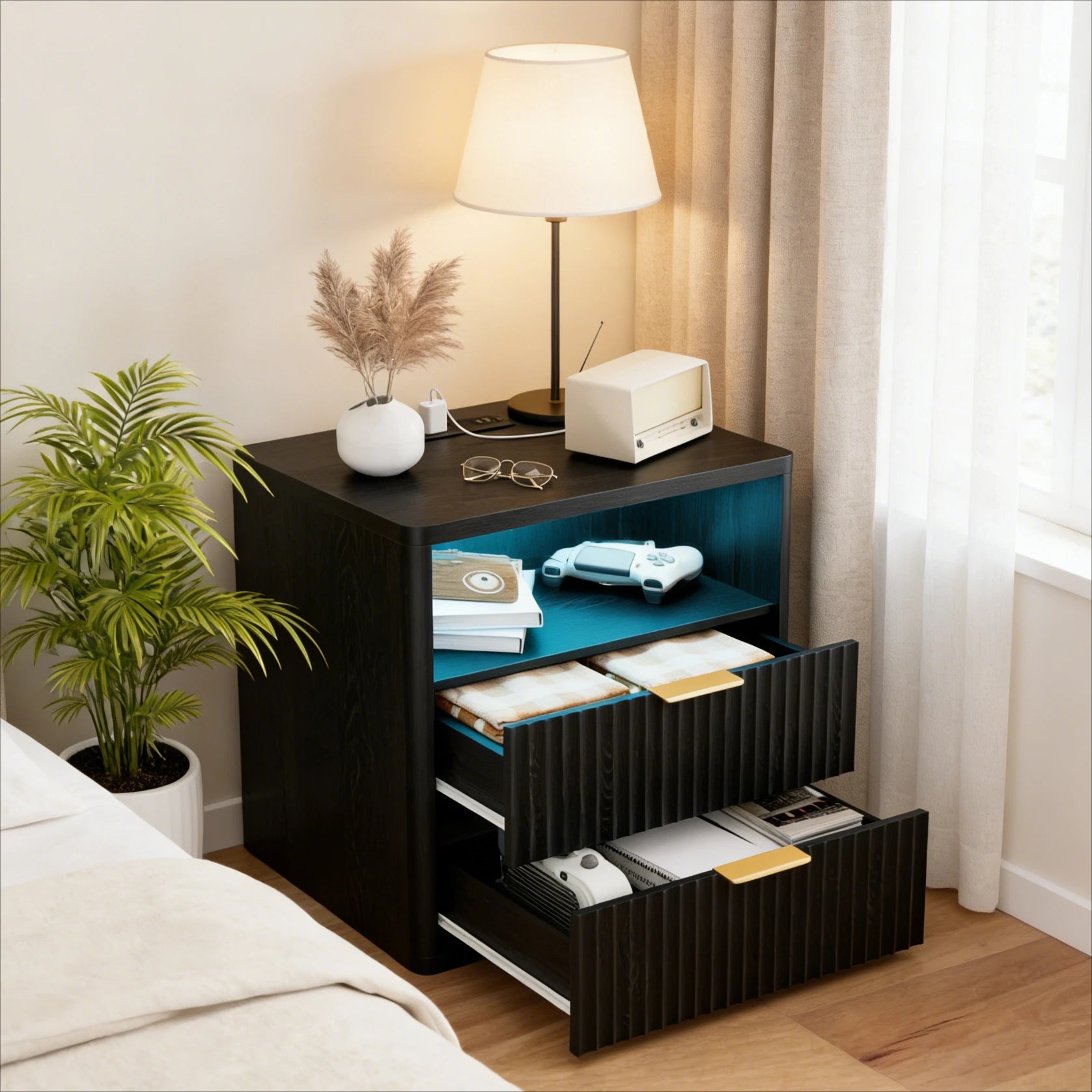 Mesa de Noche con 2 Cajones y Estación de Carga, Ahorra Espacio, con Tomacorriente, de Madera, para Dormitorio, Esquina de Escritorio, Sala de Estar, Hogar