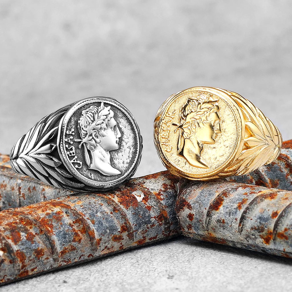 Anillo de cara César, anillos de acero inoxidable 316L para hombres, estatua de la victoria Roma, Punk Rock para motorista masculino, novio, joyería, regalo, triangulación de envíos