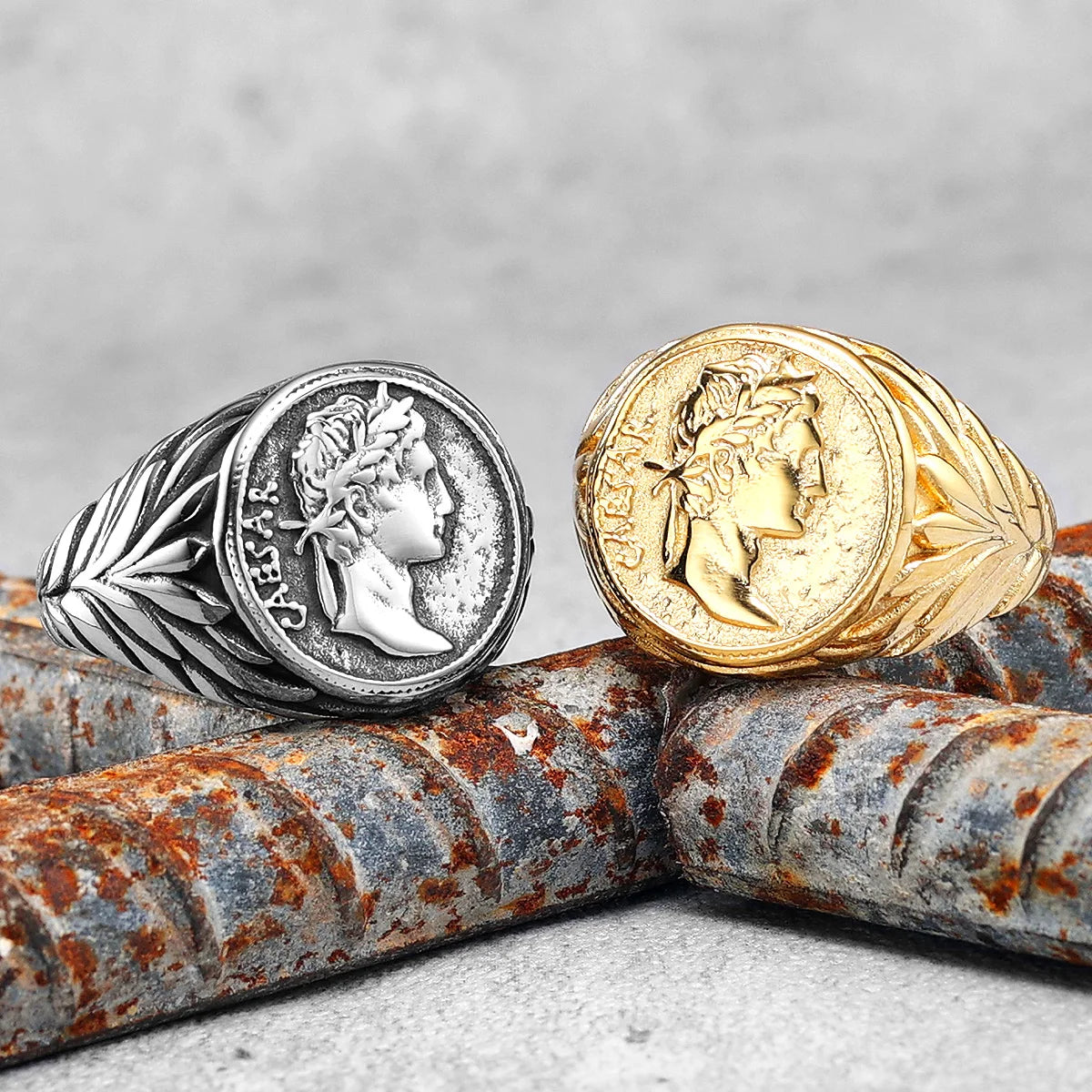 Anillo de cara César, anillos de acero inoxidable 316L para hombres, estatua de la victoria Roma, Punk Rock para motorista masculino, novio, joyería, regalo, triangulación de envíos