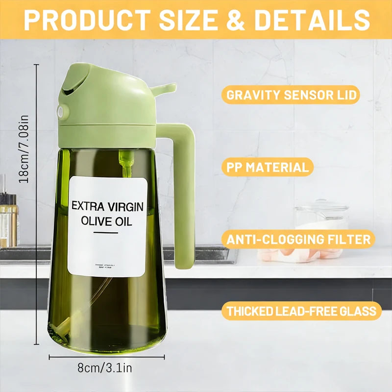 Dispensador y Rociador de Aceite de Vidrio 2 en 1, 16oz/470ml, Antiderrames, para Cocina, Freidora de Aire, Barbacoa, Repostería, Ensaladas - Botella Rociadora de Aceite de Oliva
