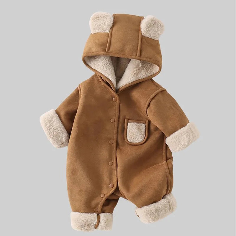 Mameluco coreano de invierno para bebé, mono con capucha con forro de Sherpa grueso Vintage, traje cálido para gatear para niños y niñas