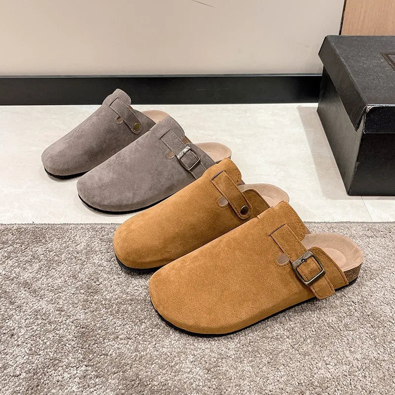 Sandalias de medio arrastre, zuecos para mujer, zapatillas de gamuza de corcho a la moda, zapatillas clásicas antideslizantes de corcho para exteriores con arco