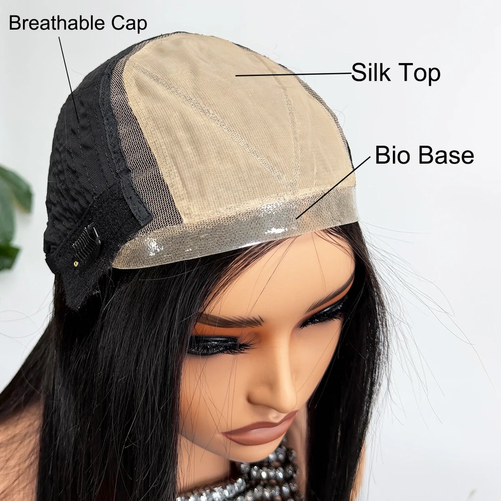 Peluca de cabello humano liso de 20 pulgadas de largo con base de seda de 10x12 cm, peluca de cabello humano virgen con base frontal de PU Bio, lista para usar.