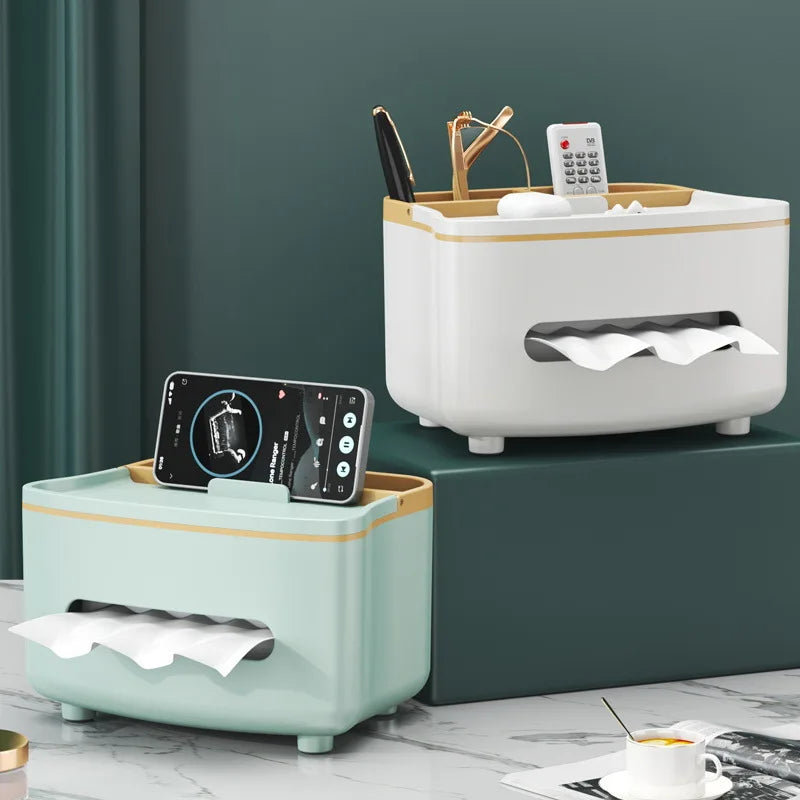 Caja de almacenamiento para mando a distancia 3 en 1, caja de pañuelos con compartimento de almacenamiento, caja de almacenamiento para mesita de noche, estuche para gafas