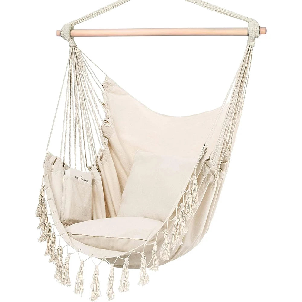 Silla Colgante de Macramé con 2 Almohadas |   Columpio de Cuerda de Algodón con Capacidad para 500 lb |   Diseño de bolsillo para uso en interiores/exteriores
