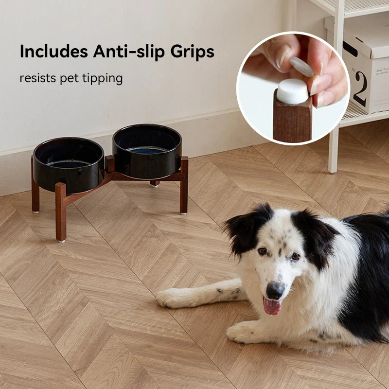 Cuencos grandes de cerámica para mascotas de 1800 ml con soporte de madera: platos de alimentación para perros grandes elevados dobles, cuencos antideslizantes para gatos