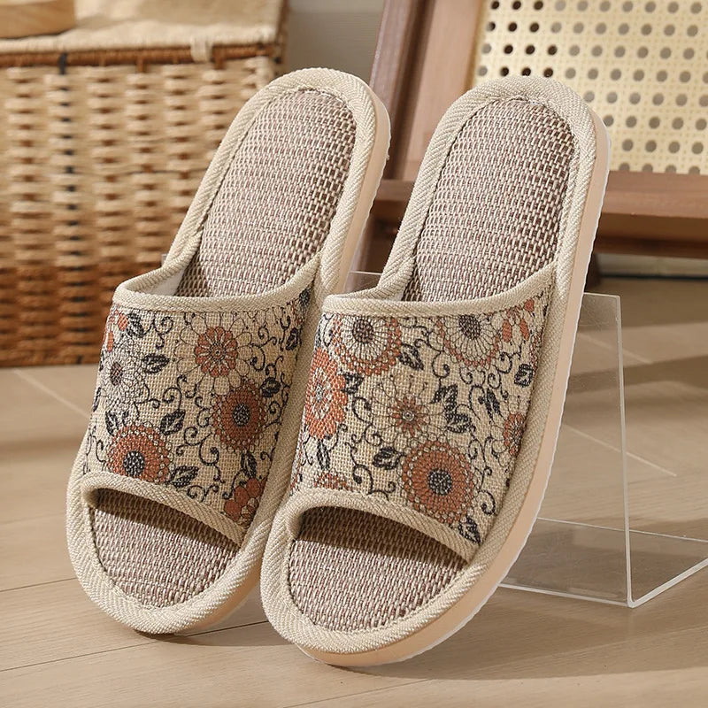 Otoño Invierno zapatillas de suelo para mujer Retro de lino con punta abierta EVA sandalias casuales de fondo grueso zapatillas de interior para parejas zapatos