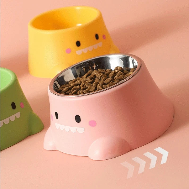 Dinosaurio de dibujos animados 15 °   Cuenco inclinado para mascotas: plato elevado de acero inoxidable con soporte para el cuello: comedero divertido y bonito para gatos y cachorros