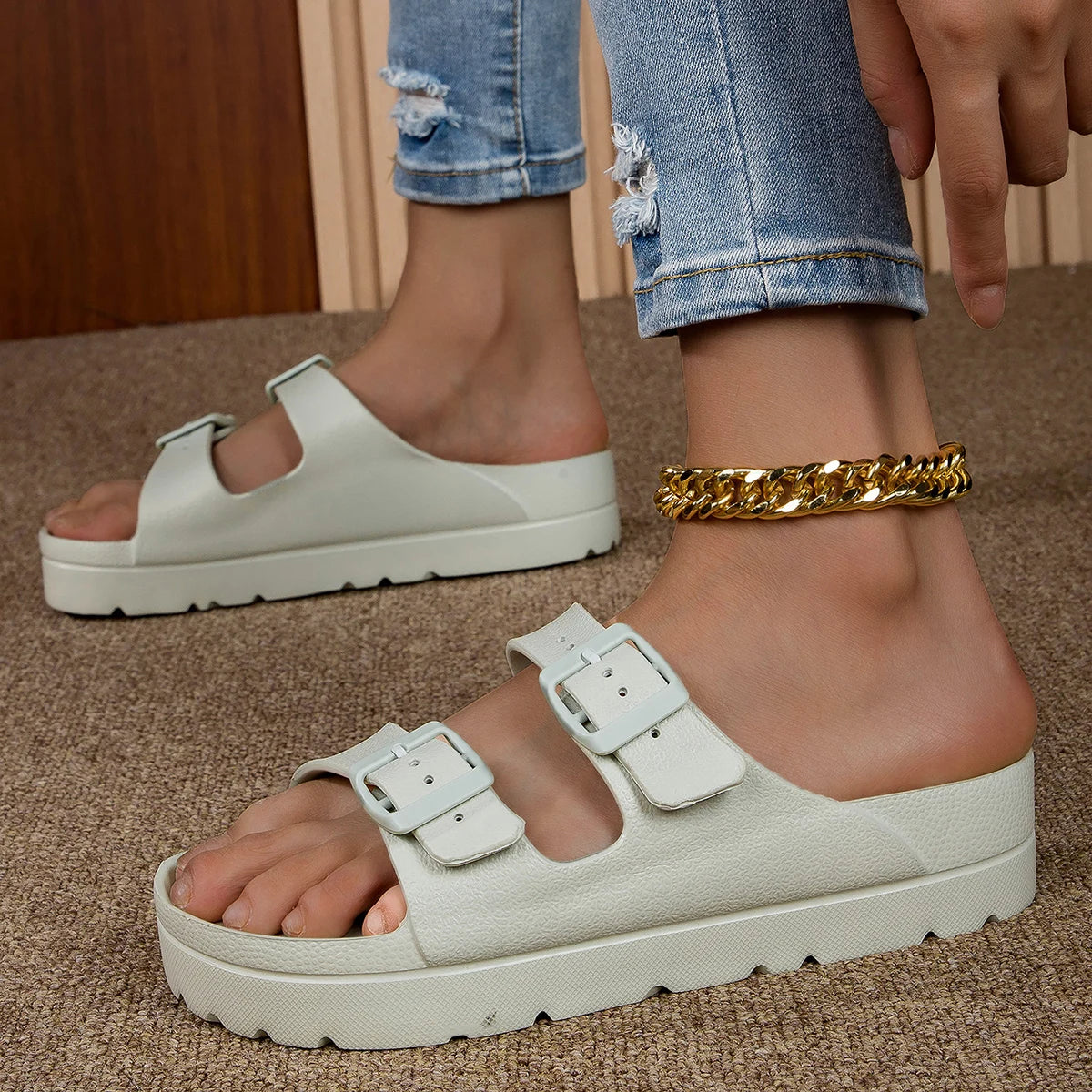 Zapatillas de plataforma de verano para mujer, sandalias de playa sin cordones con hebilla ajustable, chanclas ligeras y cómodas de EVA, suelas gruesas de 4cm