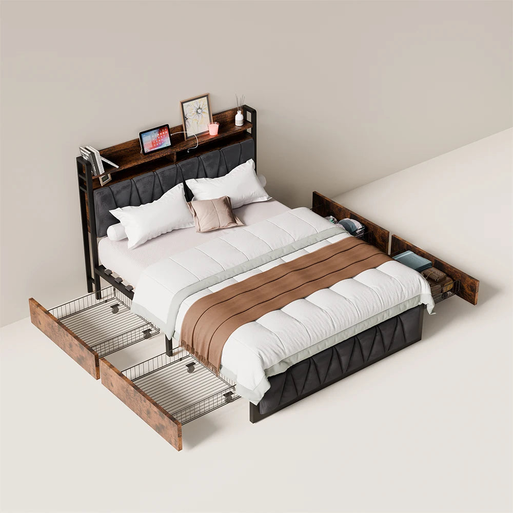 Base de Cama Matrimonial con 4 Cajones de Almacenamiento, Luz LED, Plataforma de Madera, Cabecera Tapizada en Terciopelo, Estación de Carga, No Requiere Somier