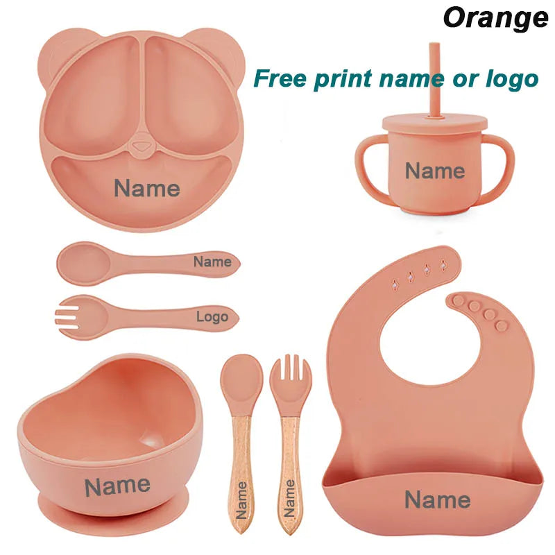 Vajilla de silicona para niños, juego de alimentación de bebé, plato de dibujos animados, nombre personalizado, taza con ventosa, plato, babero, regalo para recién nacido, 8 Uds./5 uds.