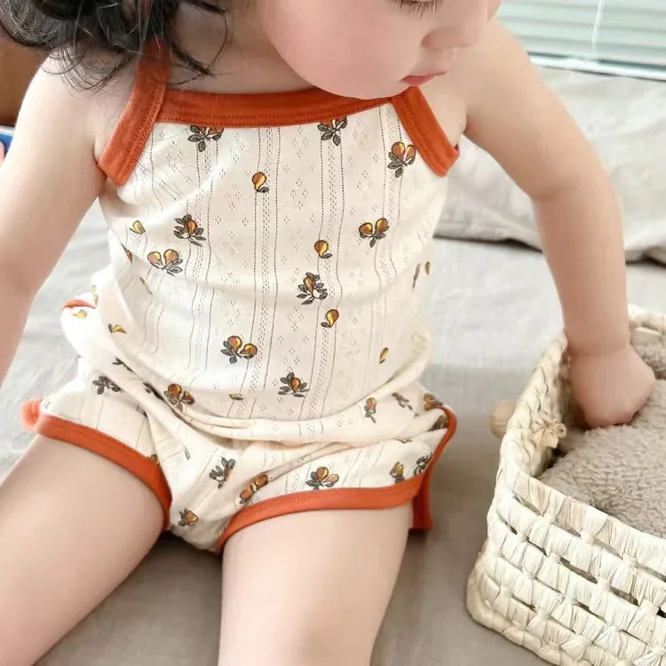 NOVEDAD DE VERANO 20225, Tops sin mangas para bebé y pantalones cortos de cintura ajustada, traje de 2 piezas, conjunto de ropa con cuello cuadrado para niñas, ropa de algodón para niños
