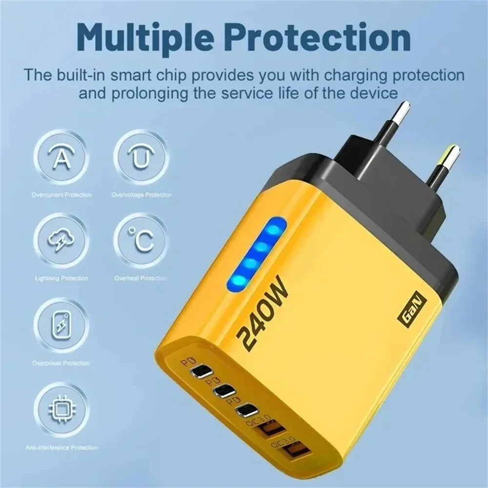 Cargador USB C GaN 5 en 1 de 240W, adaptador de carga rápida para teléfono, PD QC3.0, enchufe europeo/estadounidense/británico, cargador de pared para iPhone, Samsung, Xiaomi